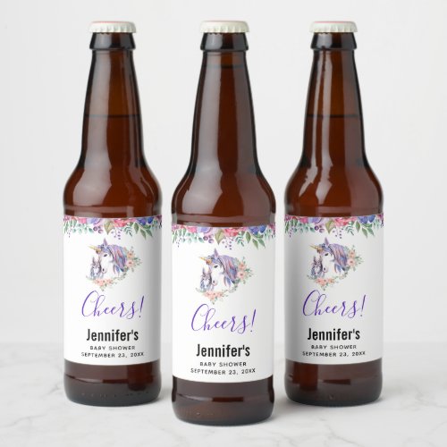 Pretty Unicorn Mom  Baby Watercolor Floral Cheers Beer Bottle Label
