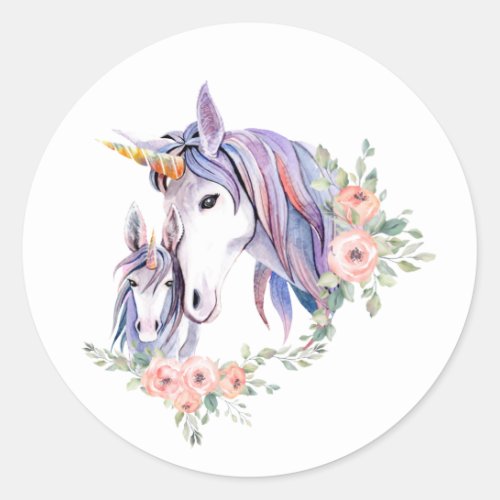 Pretty Unicorn Mom  Baby Watercolor Floral Classic Round Sticker