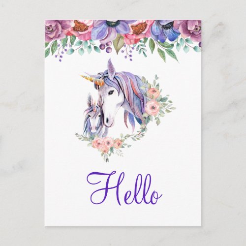 Pretty Unicorn Mom  Baby Watercolor Floral Hello Postcard