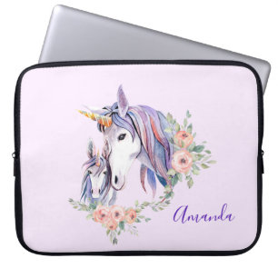 Pretty Unicorn Mom & Baby Watercolor Floral Laptop Sleeve