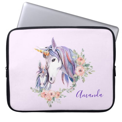 Pretty Unicorn Mom  Baby Watercolor Floral Laptop Sleeve