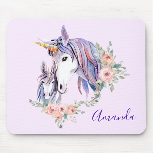 Pretty Unicorn Mom  Baby Watercolor Floral Mouse Pad