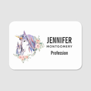 Pretty Unicorn Mom & Baby Watercolor Floral Name Tag