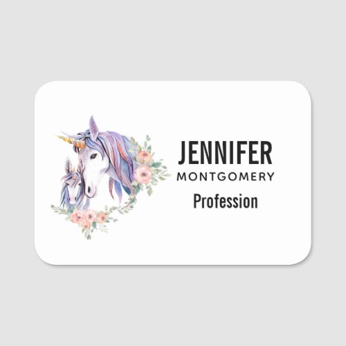 Pretty Unicorn Mom  Baby Watercolor Floral Name Tag