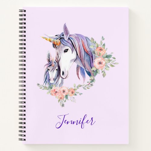 Pretty Unicorn Mom  Baby Watercolor Floral Notebook