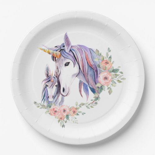 Pretty Unicorn Mom  Baby Watercolor Floral Paper Plates