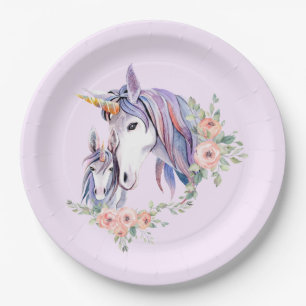 Pretty Unicorn Mom & Baby Watercolor Floral Paper Plates