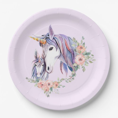 Pretty Unicorn Mom  Baby Watercolor Floral Paper Plates