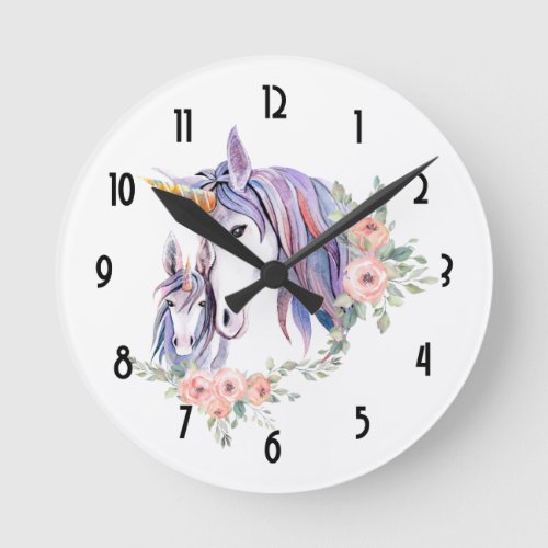 Pretty Unicorn Mom  Baby Watercolor Floral Round Clock