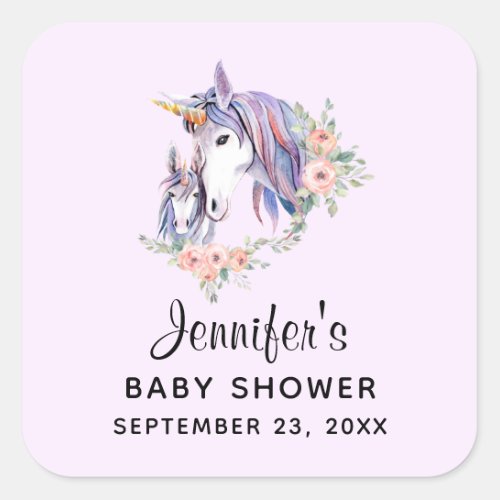 Pretty Unicorn Mom  Baby Watercolor Floral Shower Square Sticker