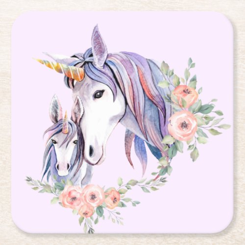 Pretty Unicorn Mom  Baby Watercolor Floral Square Paper Coaster