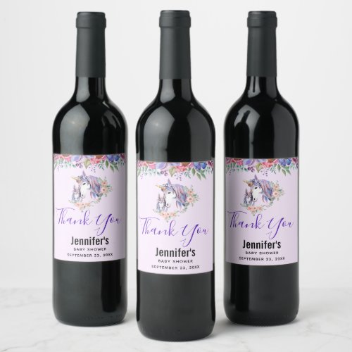 Pretty Unicorn Mom  Baby Watercolor Floral Thanks Wine Label