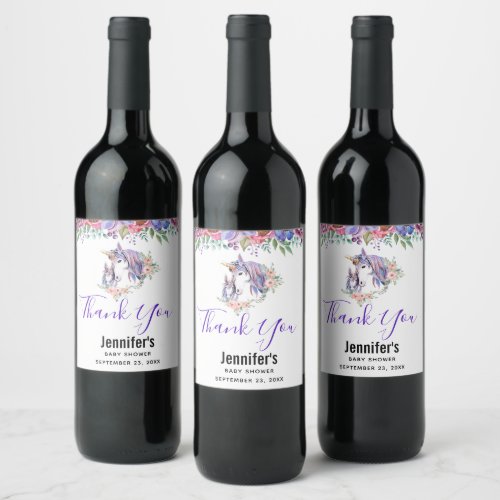 Pretty Unicorn Mom  Baby Watercolor Floral Thanks Wine Label