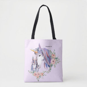 Pretty Unicorn Mom & Baby Watercolor Floral Tote Bag