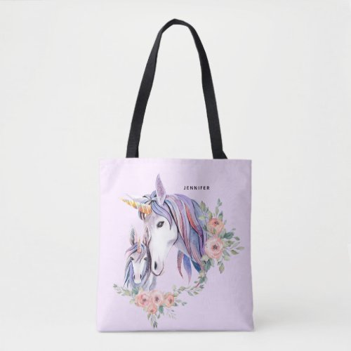 Pretty Unicorn Mom  Baby Watercolor Floral Tote Bag