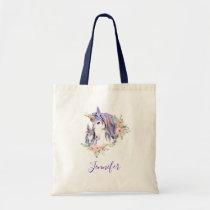 Pretty Unicorn Mom & Baby Watercolor Floral Tote Bag