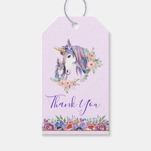 Pretty Unicorn Mom  Baby Watercolor Thank You Gift Tags