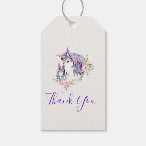 Pretty Unicorn Mom  Baby Watercolor Thank You Gift Tags
