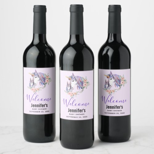 Pretty Unicorn Mom  Baby Watercolor Welcome Wine Label