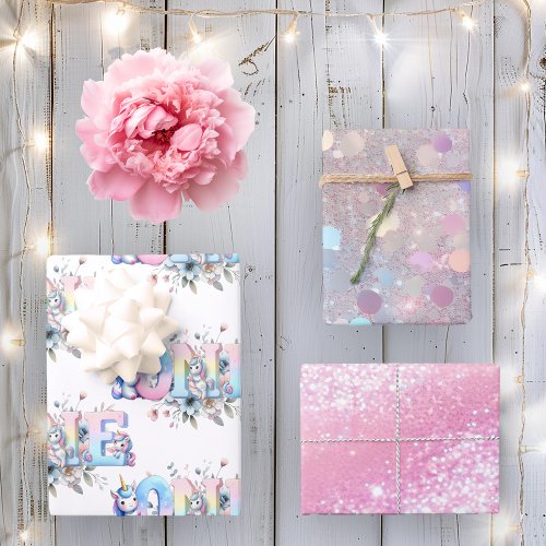 Pretty Unicorn One and Pink Sparkle Birthday Wrapping Paper Sheets