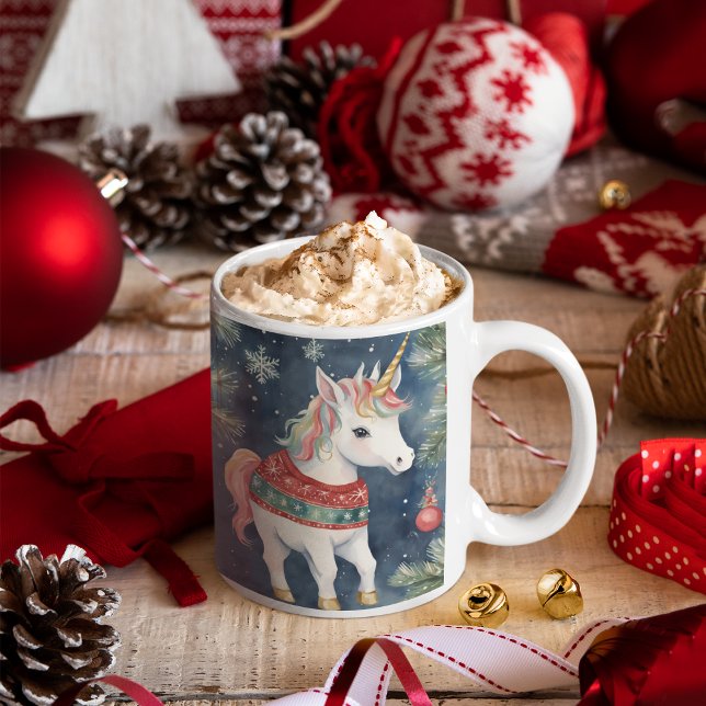 Pretty Unicorn Personalized Christmas  Two-Tone Coffee Mug (Creator Uploaded)