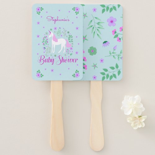 Pretty Unicorn Pink Aqua Baby Shower Personalized Hand Fan