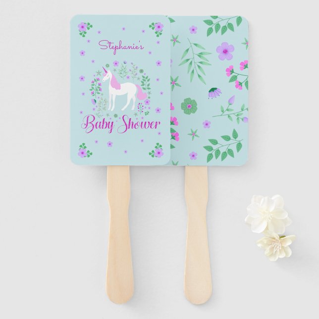 Pretty Unicorn Pink Aqua Baby Shower Personalized Hand Fan (Front and Back)