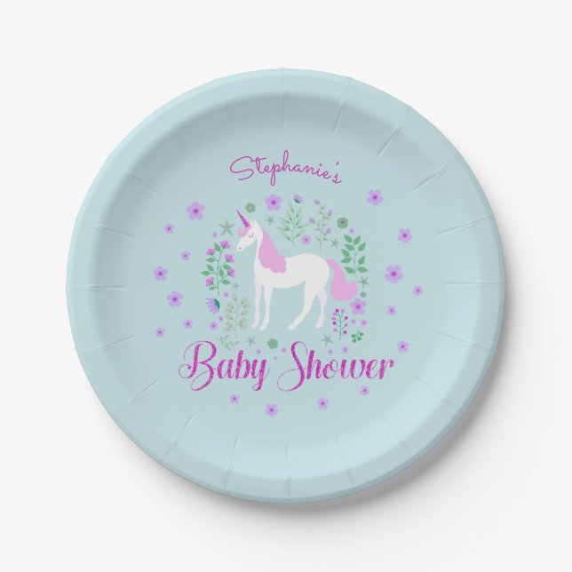 Pretty Unicorn Pink Aqua Baby Shower Personalized Paper Plates (Front)