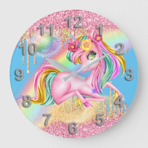 Pretty unicorn pink gold glitter rainbow magic large clock