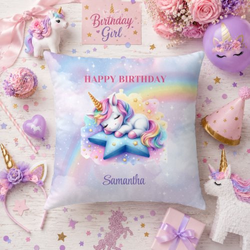 Pretty Unicorn Pink Purple Girl Birthday Pillow De