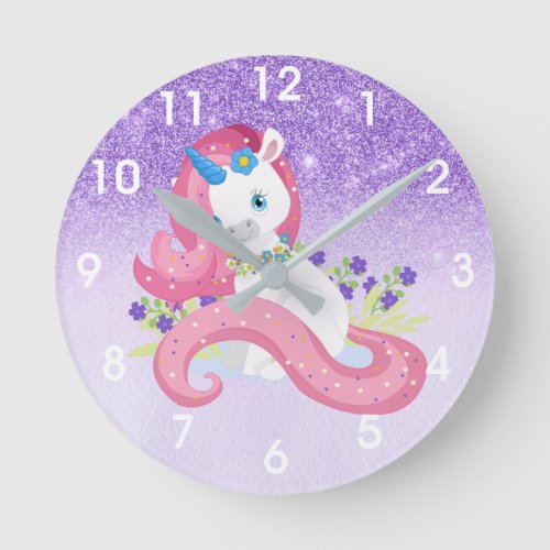 Pretty Unicorn Pink Purple Sparkle Girls Room Round Clock