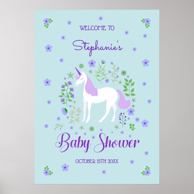 Pretty Unicorn Purple Aqua Baby Shower Poster (Front)