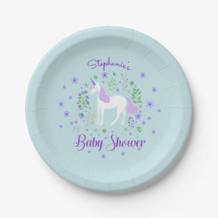 Pretty Unicorn PurpleAqua Baby Shower Personalized Paper Plates