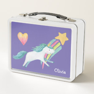 Pretty Unicorn Rainbow Star Kids Personalized Metal Lunch Box