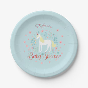 Pretty Unicorn Rose Gold Glitter Baby Shower Paper Plates