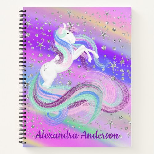 Pretty Unicorn Silver Stars School Notebook