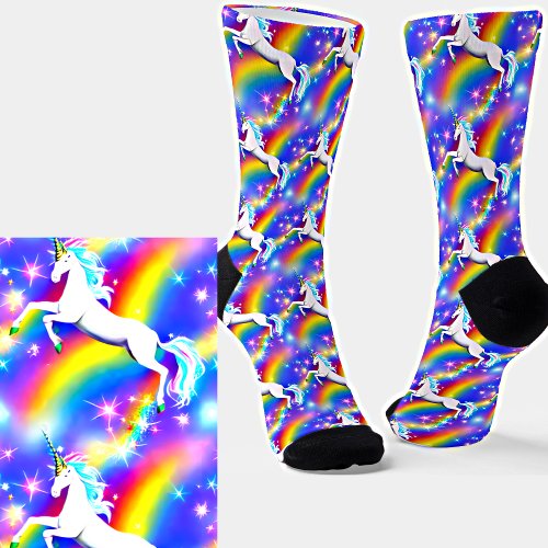 Pretty Unicorn with Rainbow  Stars  in Blue Sky Socks