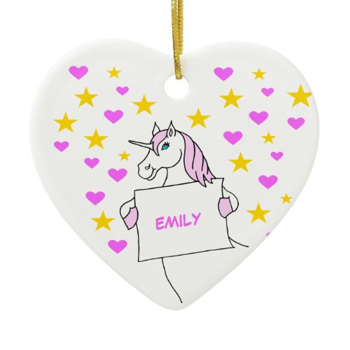 Pretty Unicorn with Stars and Hearts Ceramic Ornament