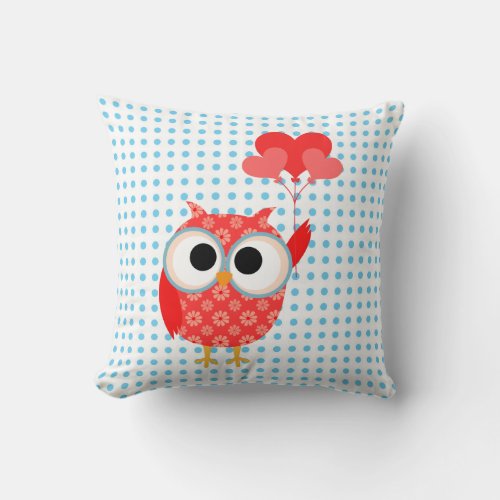 Pretty Valentine Owls on Blue Dots Pillow