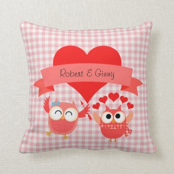 Pretty Valentine Owls On Pink Gingham Pillow by valentines_store at Zazzle