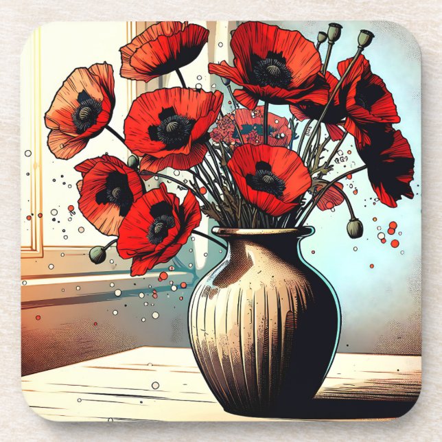 Pretty Vase of Red Poppies ai art Beverage Coaster (Front)