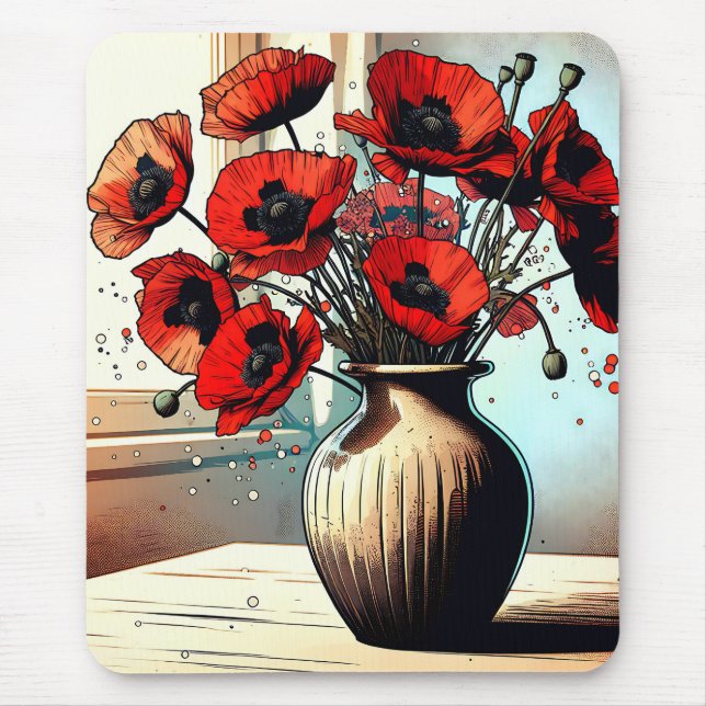 Pretty Vase of Red Poppies ai art Mouse Pad (Front)