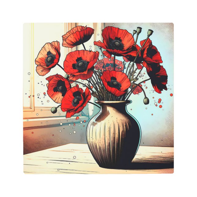 Pretty Vase of Red Poppies Metal Print (Front)