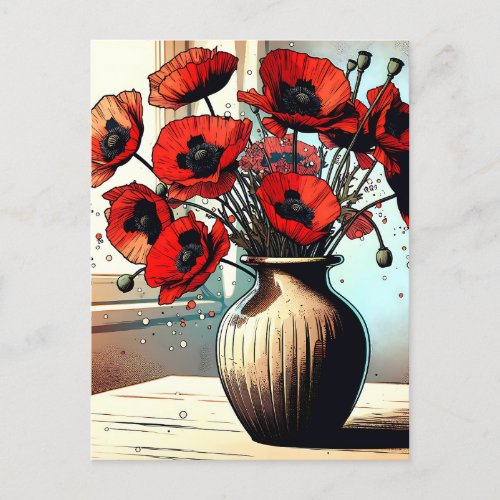 Pretty Vase of Red Poppies Postcard