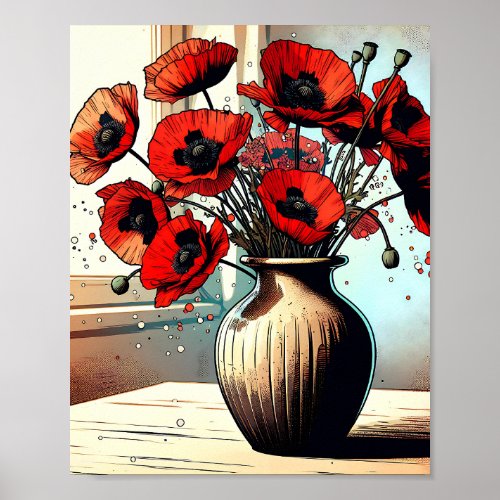 Pretty Vase of Red Poppies Poster