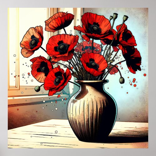 Pretty Vase of Red Poppies Poster