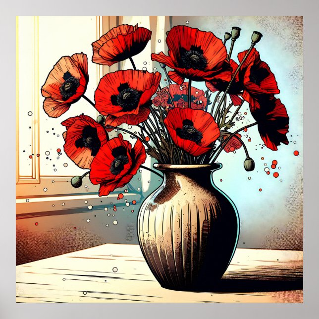 Pretty Vase of Red Poppies Poster (Front)