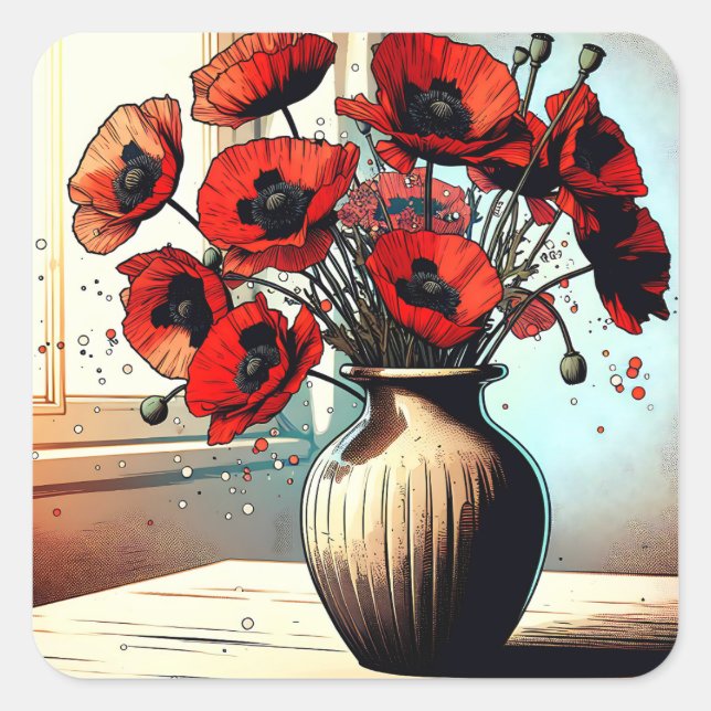 Pretty Vase of Red Poppies Square Sticker (Front)