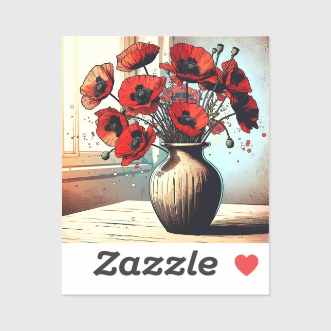 Pretty Vase of Red Poppies Sticker (Sheet)