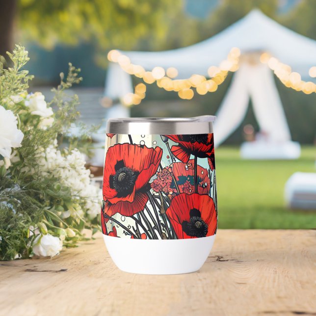 Pretty Vase of Red Poppies Thermal Wine Tumbler (Wedding)